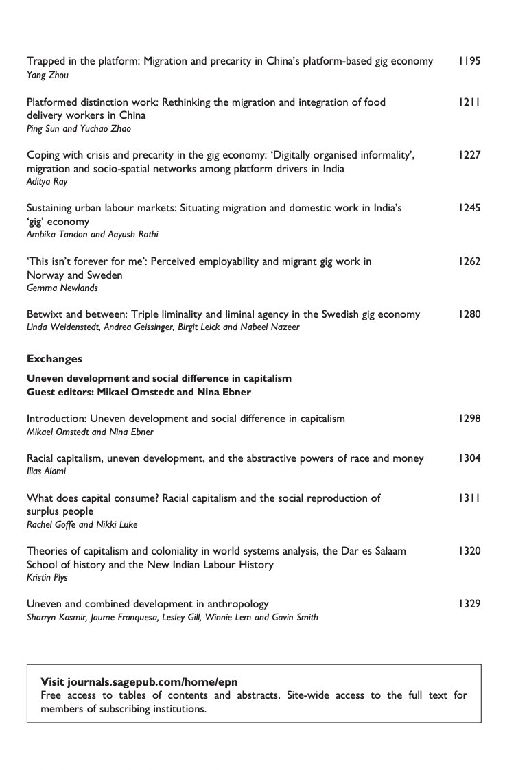 EPA: Economy and Space (@economyandspace) on Twitter photo Environment and Planning A: Economy and Space Vol. 56, No. 4 is now available online! It features a theme Issue on "Migration, migrant work(ers) and the gig economy," edited by <a href="/srujka/">Srujana Katta</a>, Fabian Ferrari, @nielsvdoorn, and <a href="/geoplace/">Mark Graham šāØ</a>. Link and ToC below:
journals.sagepub.com/toc/epna/56/4 Environment and Planning A: Economy and Space Vol. 56, No. 4 is now available online! It features a theme Issue on "Migration, migrant work(ers) and the gig economy," edited by <a href="/srujka/">Srujana Katta</a>, Fabian Ferrari, @nielsvdoorn, and <a href="/geoplace/">Mark Graham šāØ</a>. Link and ToC below:
journals.sagepub.com/toc/epna/56/4