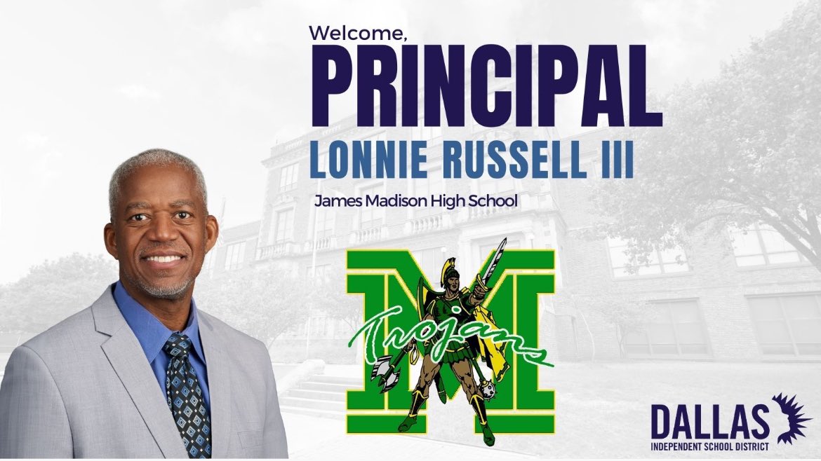LincolnMadison7's tweet photo. Join Us In Welcoming Master Principal Lonnie Russell as the New Leader of James Madison HS @TGJMTrojans @dallasschools @DallasISDSupt @Tanya_N_Shelton @EturnerEdward @JustinHenry42 @THuittDISD @russelllonnie3 https://t.co/IIa1N1q09f