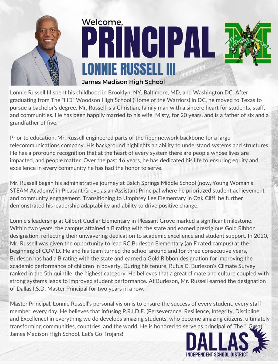 LincolnMadison7's tweet photo. Join Us In Welcoming Master Principal Lonnie Russell as the New Leader of James Madison HS @TGJMTrojans @dallasschools @DallasISDSupt @Tanya_N_Shelton @EturnerEdward @JustinHenry42 @THuittDISD @russelllonnie3 https://t.co/IIa1N1q09f