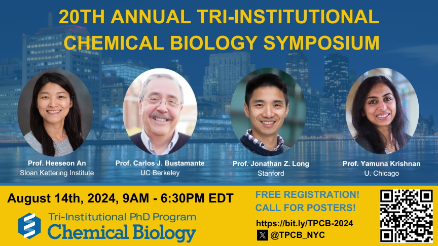 The 20th annual <a href="/TPCB_NYC/">TPCB</a> Chemical Biology Symposium will be on August 14th and feature keynote speakers Heeseon An <a href="/AnLab_MSKCC/">An Lab</a>, Carlos Bustamante <a href="/BustamanteLab/">The Bustamante Lab</a>, Jonathan Long <a href="/longlabstanford/">Long Lab</a> and Yamuna Krishnan @KrishnanYamuna! Register for free: bit.ly/TPCB-2024