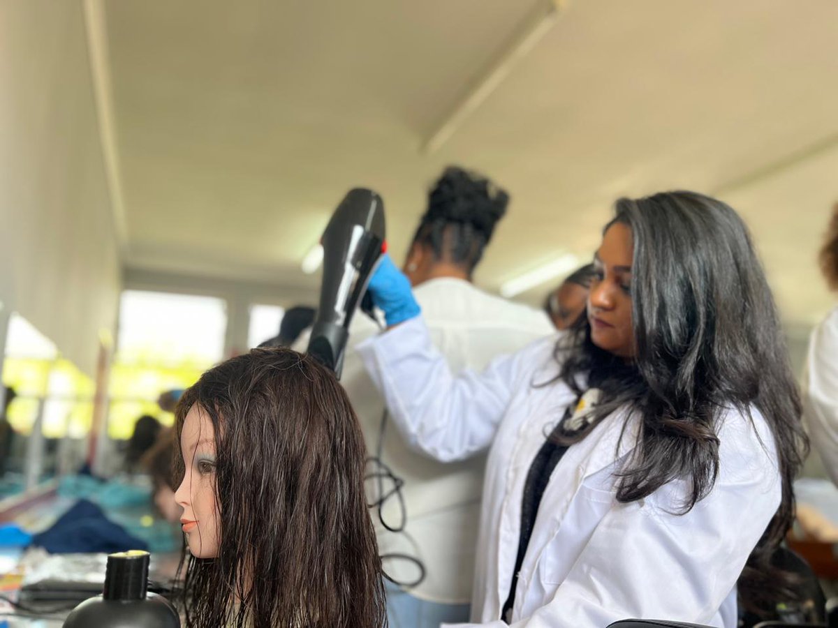 DBE_SA's tweet image. Vocational-oriented subjects such as Hairdressing, Nail and Beauty Technology also form part of the practical skills that the trainees are exposed to during the #ThreeStreamModel training sessions taking place in Chatsworth, KwaZulu-Natal.