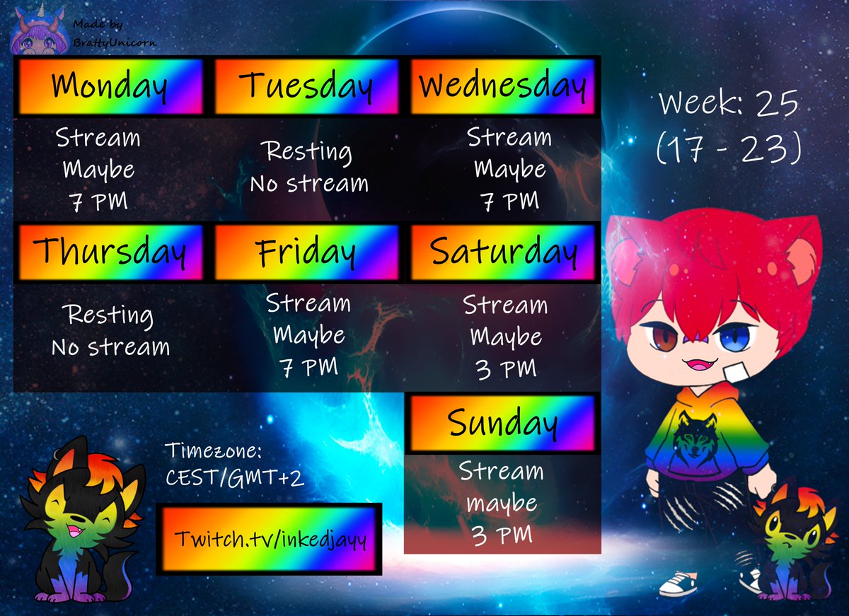 inked_jayy's tweet photo. A wild schedule has appeared! Though nothing is set in stone this week! 
📸:@MBrattyUnicorn https://t.co/xDbTWDqson