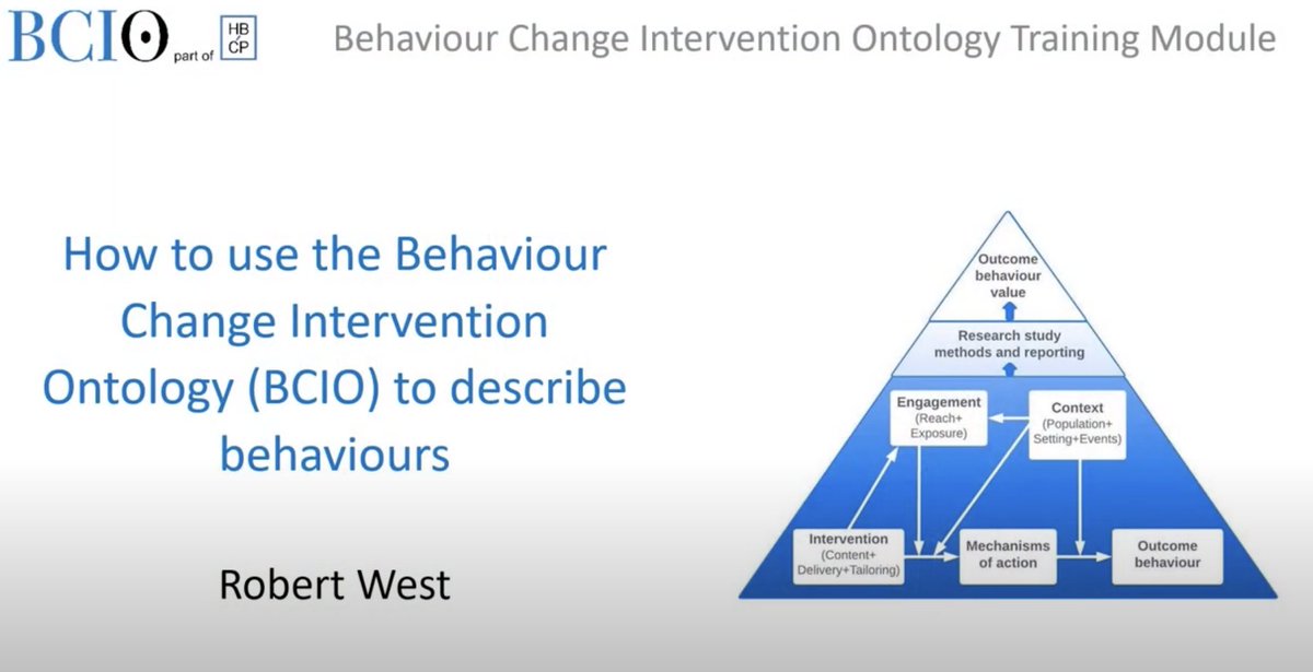 ⭐New BCIO training module available!⭐ 

📽Watch it now: youtube.com/watch?v=btCZ7X…

💡In this new module, Prof <a href="/robertjwest/">Robert West</a> describes how to use the Behaviour Change Intervention Ontology (BCIO) to describe behaviours.