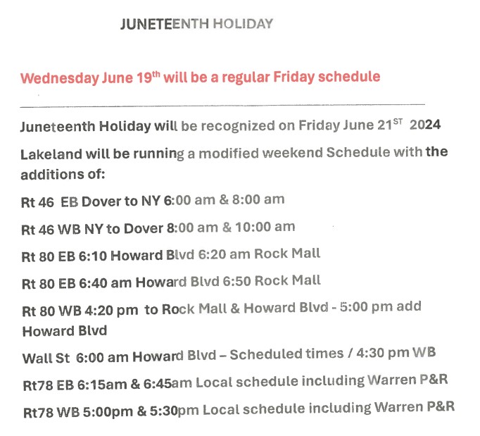 ATTENTION: On Wednesday June 19th we will be running on a FRIDAY SCHEDULE. Buses that do not normally operate on Fridays will not operate on this date. On Friday June 21st, we will be running on a modified WEEKEND/HOLIDAY Schedule. Click image below to check additions on June 21: