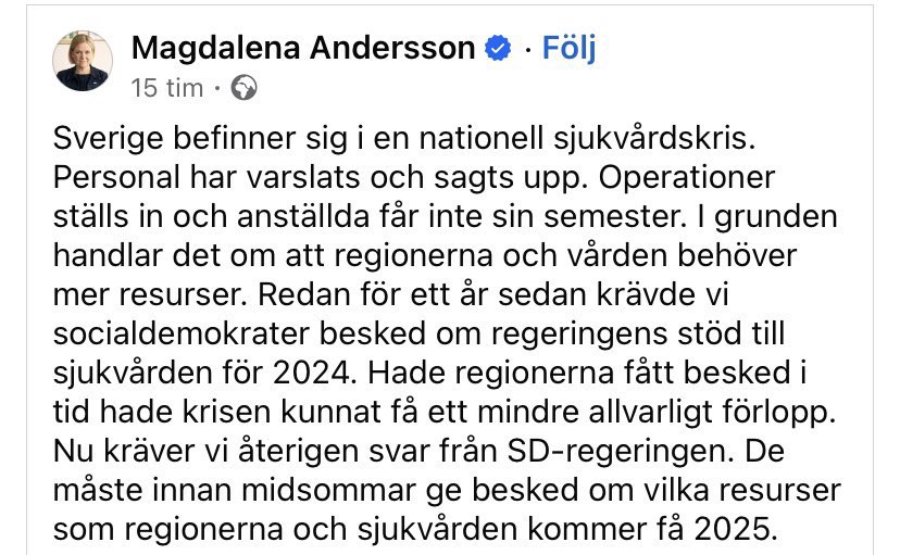Vi har haft en sjukvårdskris i många år, dock gjorde S-populisterna inte dylika utspel som adresserade det för att de själva satt i regering då, och för att de styr i majoriteten av regionerna.

Taktiken är att varsla, säga upp personal för att sedan skylla på regeringen. #svpol