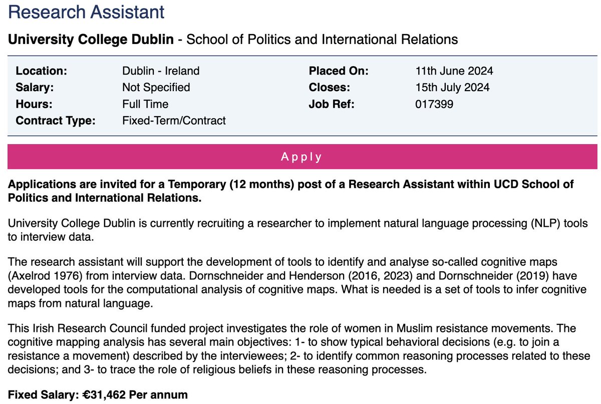 Stephanie Dornschneider-Elkink (@dornschneider) on Twitter photo 🚨 We are hiring a research assistant in NLP 🚨
The RA will apply quantitative text analysis to identify #cognitive processes from interviews and speeches
The position is part of an IRC project on Muslim resistance movements
Apply here: my.corehr.com/pls/coreportal…
<a href="/ucdpolitics/">UCD Politics and International Relations</a> 🚨 We are hiring a research assistant in NLP 🚨
The RA will apply quantitative text analysis to identify #cognitive processes from interviews and speeches
The position is part of an IRC project on Muslim resistance movements
Apply here: my.corehr.com/pls/coreportal…
<a href="/ucdpolitics/">UCD Politics and International Relations</a>