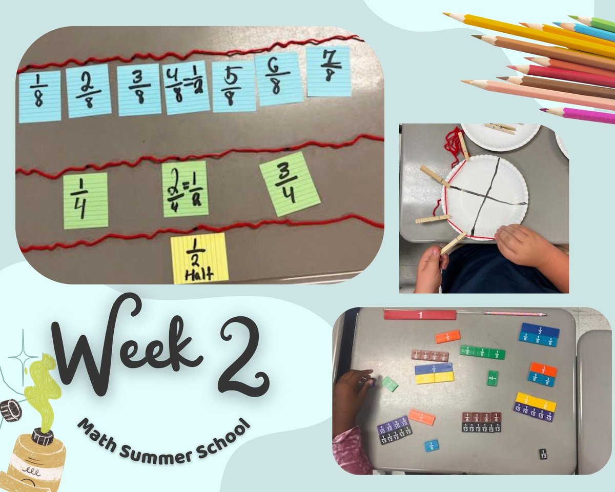 Rachel Betts (@bettsroom109) on Twitter photo Week 2 of math summer camp!
We created fraction kits!☑️
Made fractions on a number line with string.☑️
Created pattern art.☑️
Found equivalent fractions with tiles!☑️
Off to week 3!🚀
<a href="/MunfordElem/">Munford Elementary</a> <a href="/WendyBwgail/">Wendy Morrow</a> <a href="/AMSTI_UM/">AMSTI_UM</a> Week 2 of math summer camp!
We created fraction kits!☑️
Made fractions on a number line with string.☑️
Created pattern art.☑️
Found equivalent fractions with tiles!☑️
Off to week 3!🚀
<a href="/MunfordElem/">Munford Elementary</a> <a href="/WendyBwgail/">Wendy Morrow</a> <a href="/AMSTI_UM/">AMSTI_UM</a>