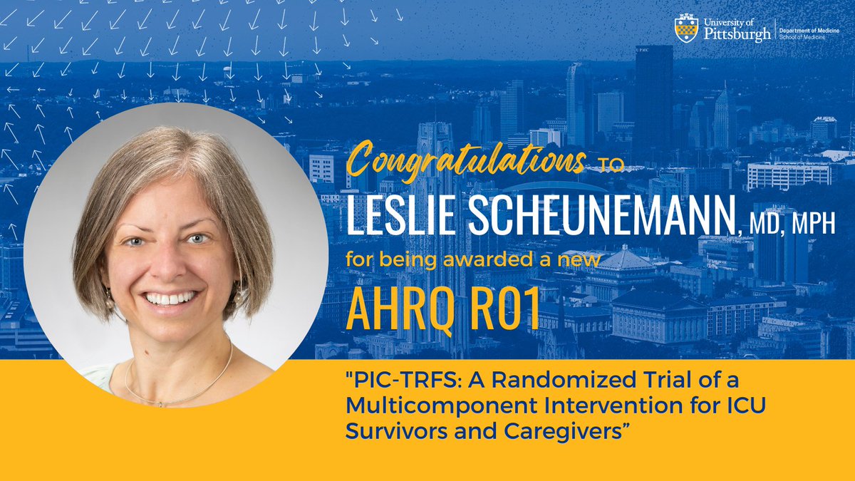 Congratulations to Dr. Leslie Scheunemann on her new
<a href="/AHRQNews/">AHRQ</a> R01: "PIC-TRFS: A Randomized Trial of a Multicomponent Intervention for ICU Survivors and Caregivers"! 🎉🎊🎉