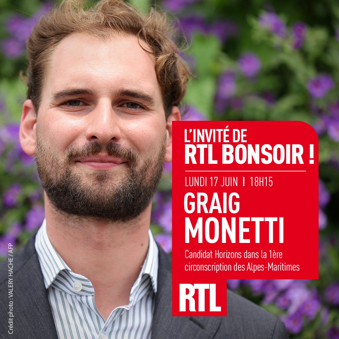 RTLFrance's tweet photo. Elections législatives : @MonettiGraig, candidat Horizons dans la 1ère circonscription des Alpes-Maritimes face à Eric Ciotti, est l'invité de @JSellier, @CyprienCini et @izachoc à 18h15 dans #RTLBonsoir ! https://t.co/P6FF8T6ApI