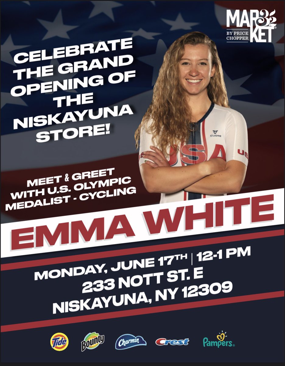 emmabeancx's tweet photo. Today’s the day!! Come on by from 12-1pm. I’ll be signing autographs at the GRAND OPENING of @PriceChopper in Niskayuna. Get your Olympic spirit on ahead of this summer! 😎🇺🇸 https://t.co/dIdwskN0dq