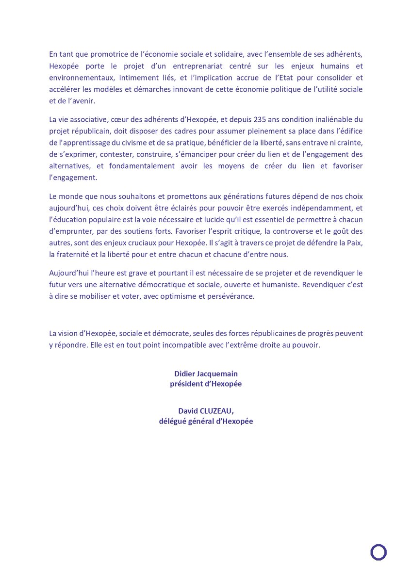📣 #électionslégislatives : l’Éducation Populaire exige un projet social et démocrate 💥Face aux crises successives, Hexopée appelle à réinscrire la démocratie sociale comme pilier de notre société. Lisez notre prise de position ci-dessous👉