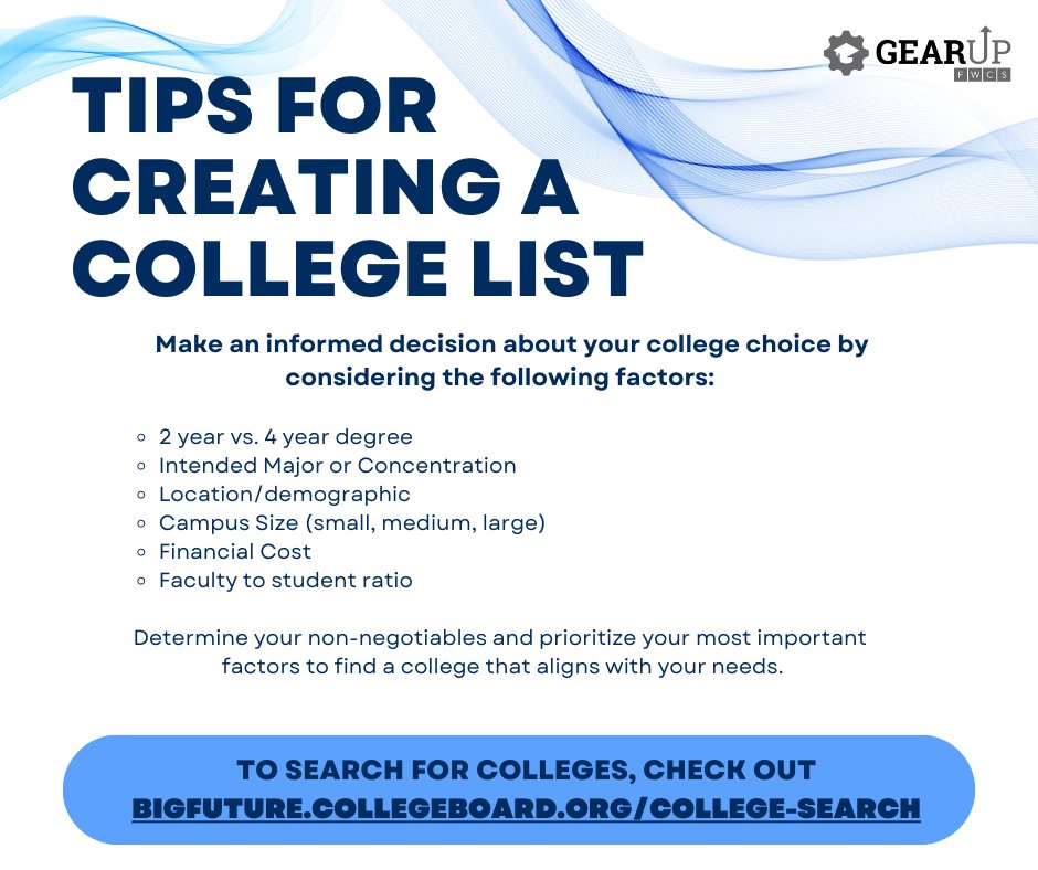It’s that time! Choosing a college can be a difficult decision. Check out these tips to help you find the right fit for you.

<a href="/edpartnerships/">NCCEP</a> #guworks #fwcs <a href="/waynegenerals/">waynegenerals</a> <a href="/FWArcherNation/">South Side High</a> <a href="/FWSniderHS/">Snider High School</a> <a href="/WeAreNorthrop/">WeAreNorthrop</a>  <a href="/nshs/">NSHS</a>.legends #futureready