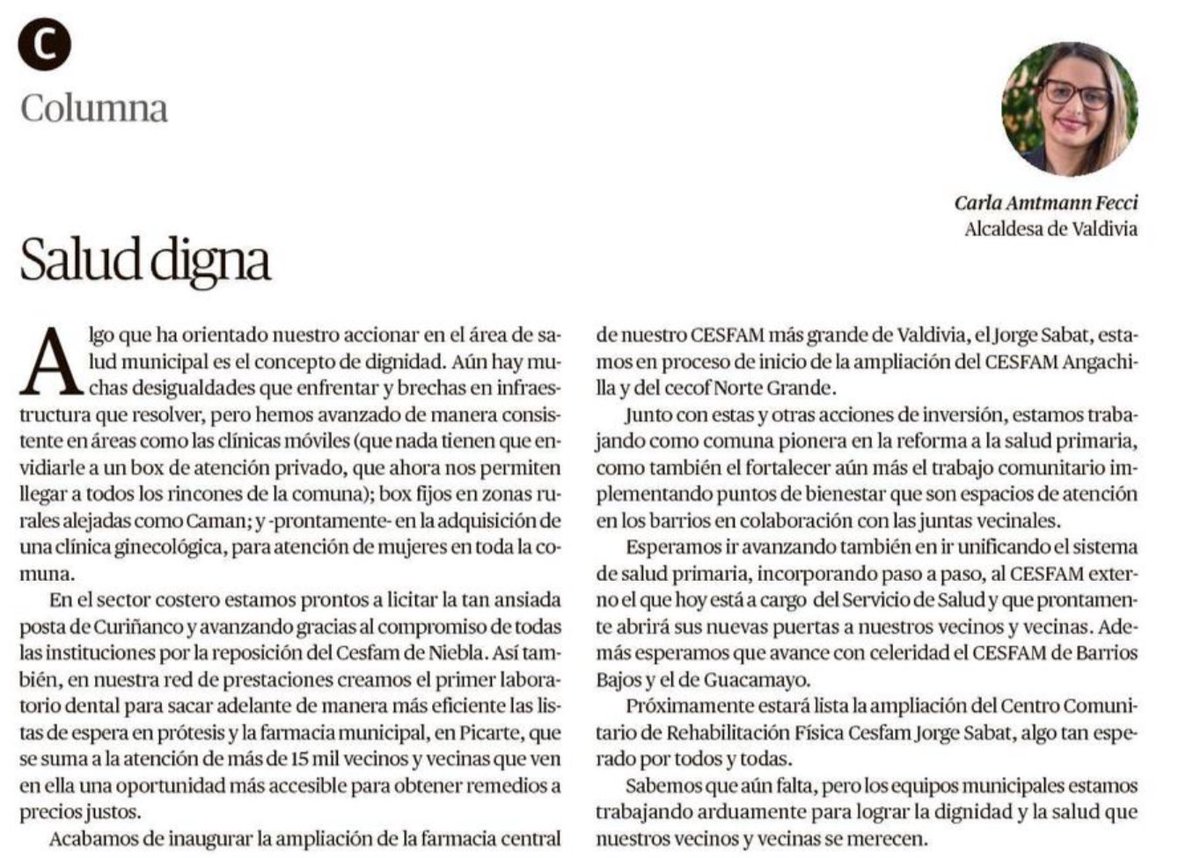 Carla Amtmann Fecci (@carla_amtmann) on Twitter photo Les comparto algunas de las acciones que estamos potenciando en el área de salud desde <a href="/munivaldivia/">MuniValdivia</a>
La salud pública debe ser digna, y estamos trabajando para ello.
Muchas gracias al trabajo de los funcionarios y funcionarias.
#Valdiviacl Les comparto algunas de las acciones que estamos potenciando en el área de salud desde <a href="/munivaldivia/">MuniValdivia</a>
La salud pública debe ser digna, y estamos trabajando para ello.
Muchas gracias al trabajo de los funcionarios y funcionarias.
#Valdiviacl