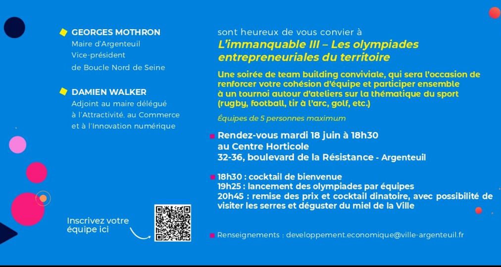 PKuchly57's tweet photo. Ne manquez pas l'immanquable au centre horticole @VilleArgenteuil ce 18.6 a 18h30. Un team building par équipe de 5 avec vos salariés et ou vos amis chef d'entreprise du territoire #95.

Voici le lien d'inscription, il reste quelques places : https://t.co/tCQfXGH9dQ https://t.co/TbB9ZUX2i6