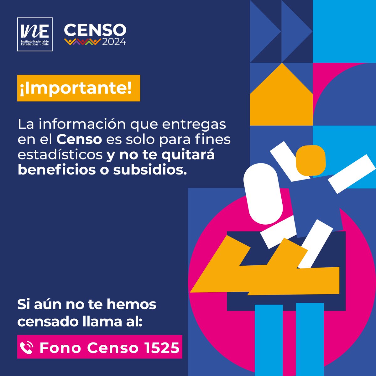Tercera fase del Censo 2024 

El llamado es a no quedarse fuera del operativo estadístico más grande e importante del país. Durante esta fase los equipos estarán recorriendo la comunas de manera presencial, pero también entregando accesos al Censo en Línea. @Censo2024