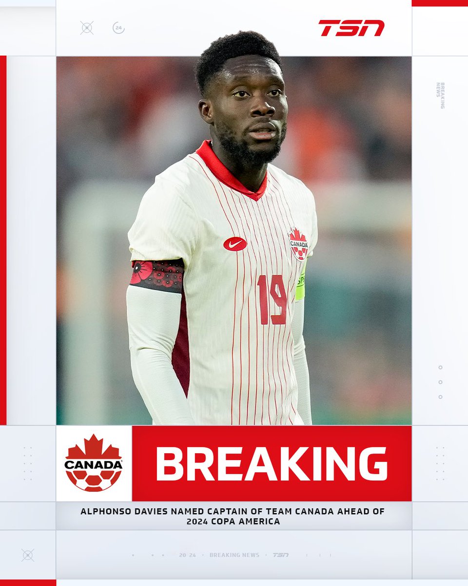 TSN_Sports's tweet photo. Alphonso Davies has been named captain of the Canadian MNT as they prepare for 2024 Copa América! 🇨🇦 

#CA2024 https://t.co/PMYrJYR8ii