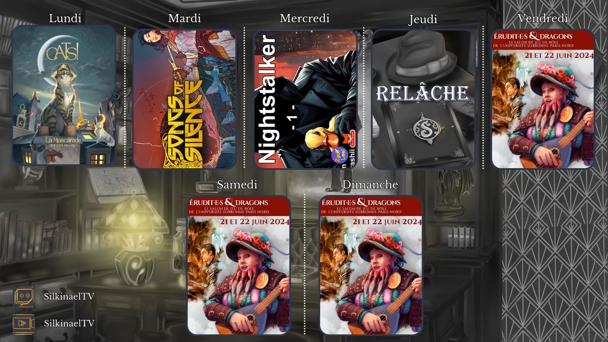 Lu : Cats avec <a href="/Lionosaure/">Liono</a>, <a href="/Arzilia_/">Arzilia</a>, <a href="/AsaliathTv/">Asaliath</a> &amp; <a href="/Lillandril_Tara/">Lillandril</a>
Me : Retour de The Nightstalker, avec Steve Fabry, <a href="/LordDaxtem/">Daxtem</a> &amp; <a href="/Kiro_S_Terashii/">Kiro S. Terashii</a> 

Et ce weekend : Erudit·e·s &amp; Dragons à Paris, organisé par <a href="/ObheaE/">Obhéa Editions</a> ! Je retrouve qui sur place outre <a href="/frimaelaroliste/">Frimaë la rôliste (frimaelaroliste.bsky.social)</a> ?