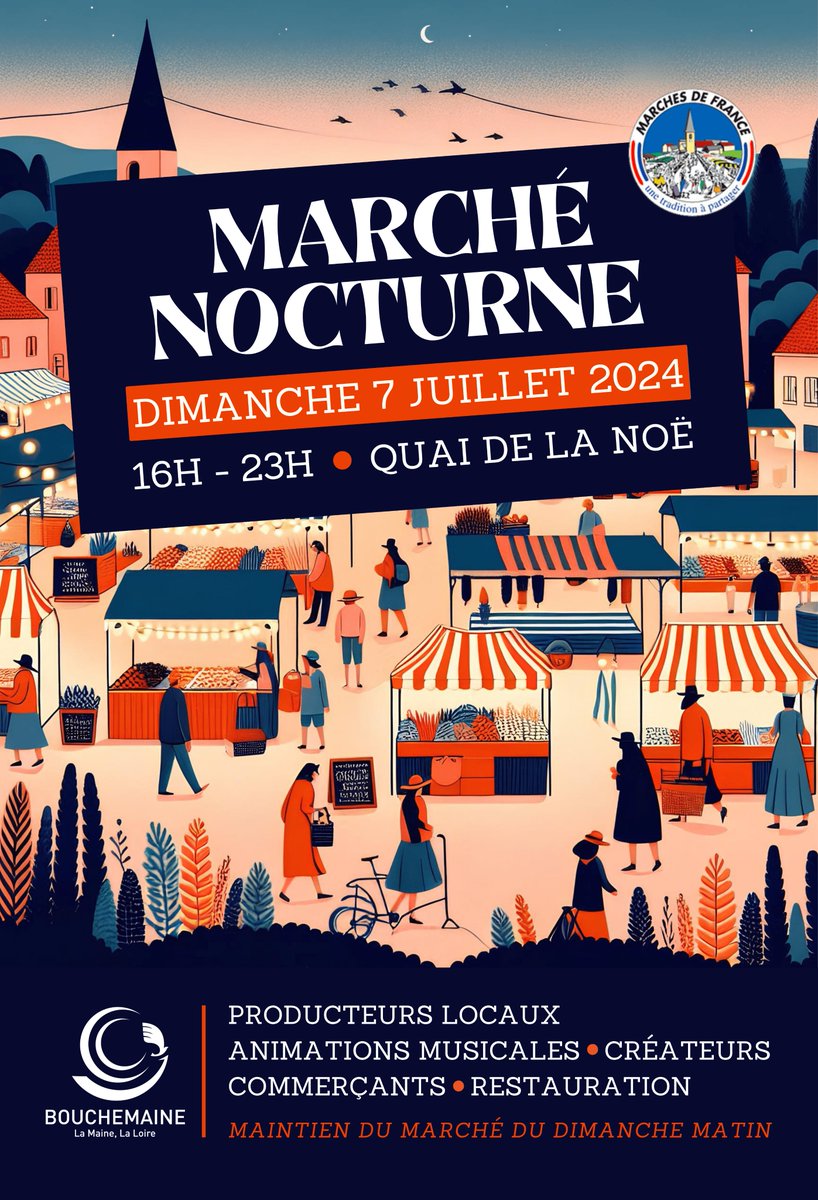 Bouchemaine49's tweet photo. 🌙🛍️Le 7 juillet, découvrez le marché dominical de Bouchemaine sous les étoiles ! Flânez parmi les stands des commerçants locaux et laissez-vous envoûter par l'ambiance estivale et le rythme de la fanfare KING DIRTY BRASS BAND. 
Plus d'infos 👉 https://t.co/Yl2u9pIjUg https://t.co/Q0kPNNhST7