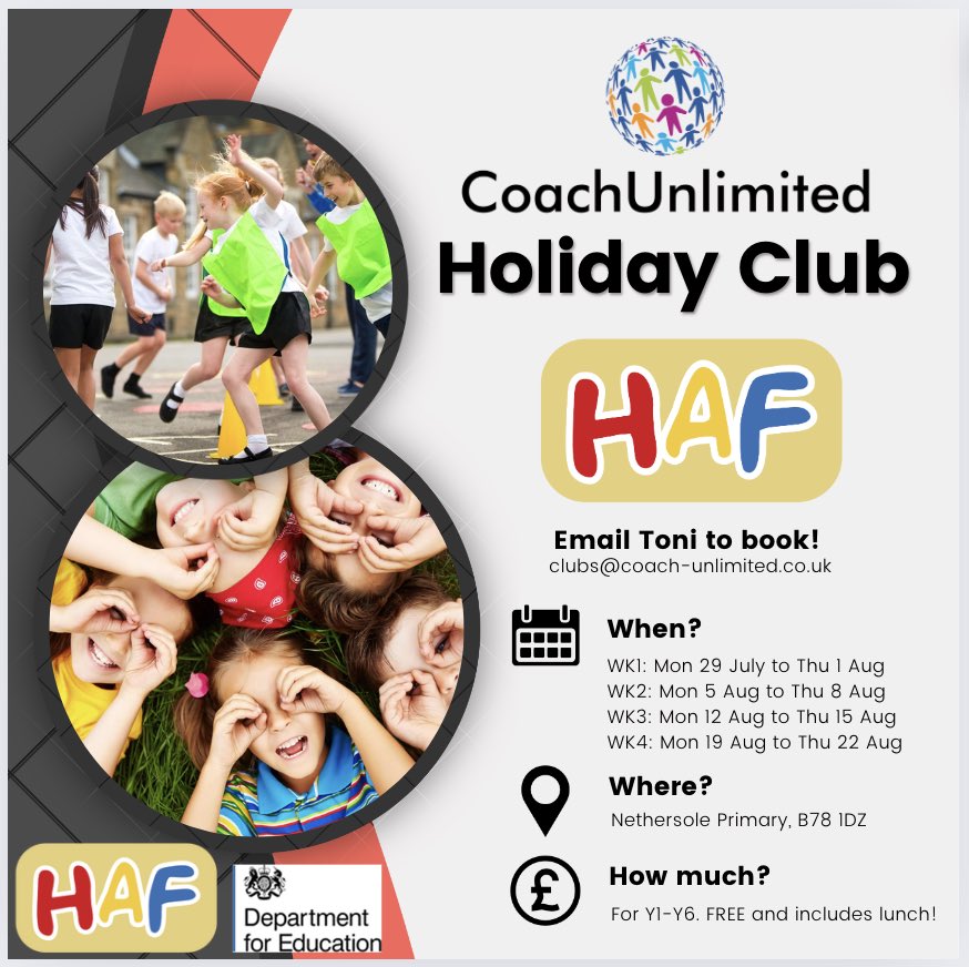 🔴🟡🔵HAF PLACES AVAILABLE🔵🟡🔴

➡️Click the following to request a HAF code forms.office.com/pages/response… 

or drop us an email
📧clubs@coach-unlimited.co.uk