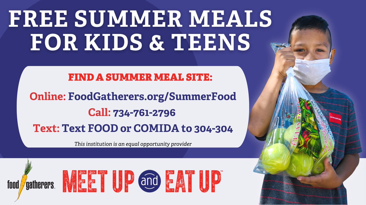 Today is the first day of Food Gatherers' Summer Food Service Program! Meal schedules in English and Spanish and a map of locations can be found at foodgatherers.org/find-help/summ…, or by calling Food Gatherers at 734-761-2796, or by texting FOOD or COMIDA to 304-304.