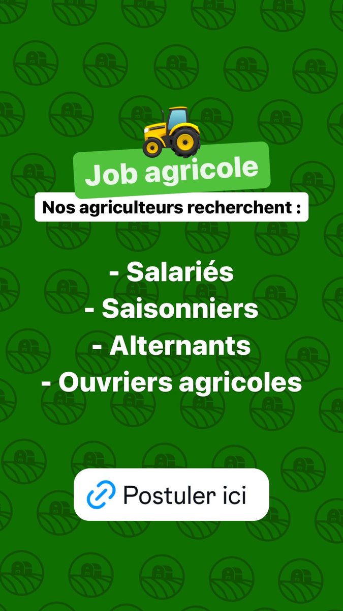 Les agriculteurs de notre communauté recherchent des #salariés, #saisonniers, #alternants, #ouvriers agricoles...

➡️ Postulez ici : farmr.co/farmr-job
🔁retweet apprécié🙏

#agriculture #job #emploi #recrutement #FrAgTw <a href="/Fragritwittos/">FranceAgritwittos♥️</a>
