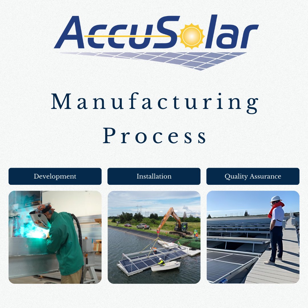 AccuSolar's tweet image. Our comprehensive process includes assessing the ideal location, crafting tailored blueprints, sourcing materials, construction, ensuring safe shipping, expert installation, and activation. Embark on your sustainability journey with AccuSolar. ☀️
#accusolar #manufacturingprocess