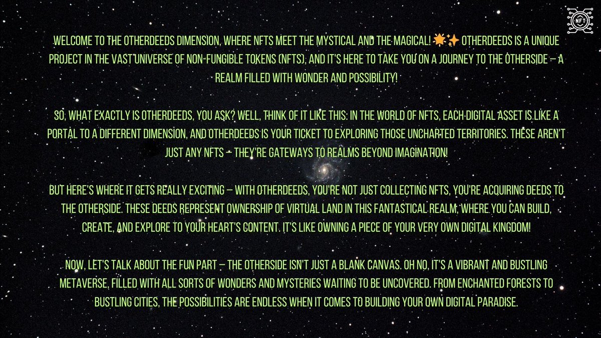MetaObs_io's tweet photo. The Otherdeeds

Date of launch: April 2022
Creator: Yugolabs
Number: 46.2K
Link to the OpenSea: https://t.co/XvPqhyWeTs 
Link to the Website:https://t.co/mqN9dhNke5 

🌌 #Otherside #Otherdeeds #NFTs
@zebraAlphaMeta @UnsungCrypto @MissLadyLee https://t.co/6pL4sjJ3ot