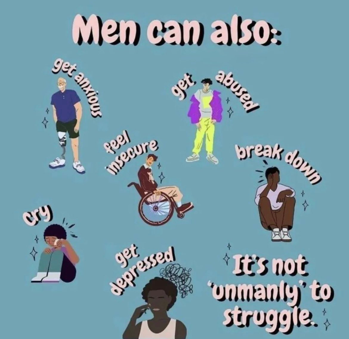 November ist „Men Mental Health Awarness Month“. Hab erfahren das Juni zusätzlich zum Pride Month noch „Men Mental Health“ Monat ist.

Männer die zur LGBTQ+ Scene gehören sind besonders betroffen🫂🌈❤️‍🩹

~80% aller Selbstmorde begehen Männer💔