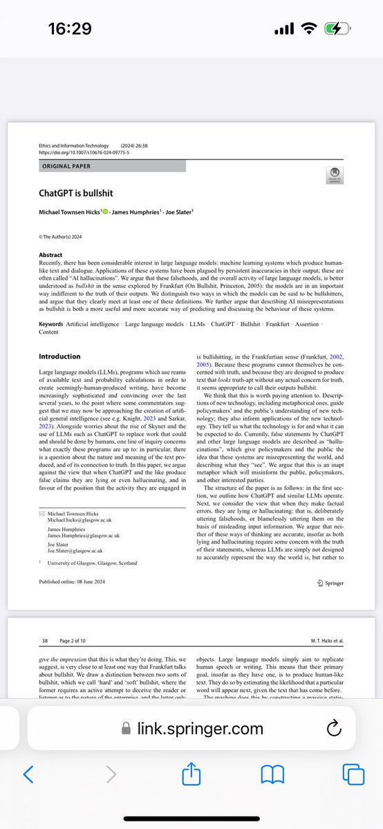hrsnm's tweet photo. ChatGPT is NOT hallucinating, it is bullshitting. It doesn’t care about the truth. This is the most enjoyable read I had about ChatGPT lately. Link to full paper is also below 👇
https://t.co/LOQqJgV0mi 
#ChatGPT #llms #generativeai https://t.co/yNjCKXA5Mr
