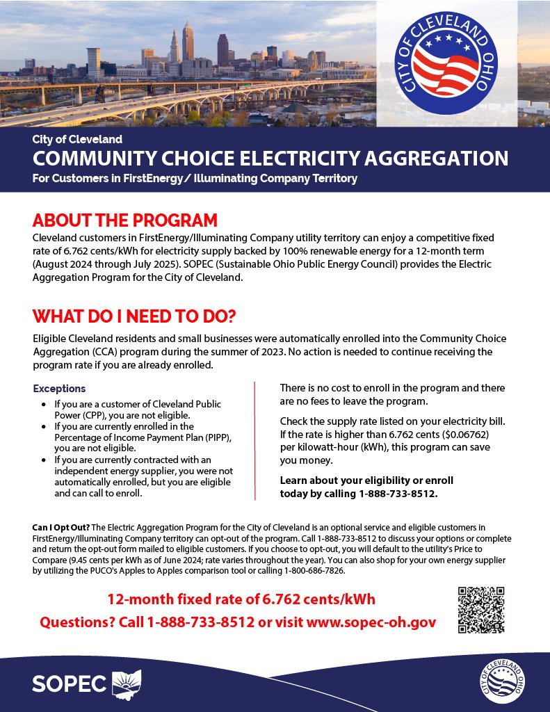 The <a href="/CityofCleveland/">City of Cleveland</a>'s Community Choice Aggregation is Here for a Second Year! ⚡

In partnership with <a href="/SOPECenergy/">SOPEC - Sustainable Ohio Public Energy Council</a> &amp; <a href="/CleCityCouncil/">CleCityCouncil</a>,  customers will receive a mailed notice of the new rates and program details. 

Learn more: sustainablecleveland.org/communitychoic… #SustainableCLE