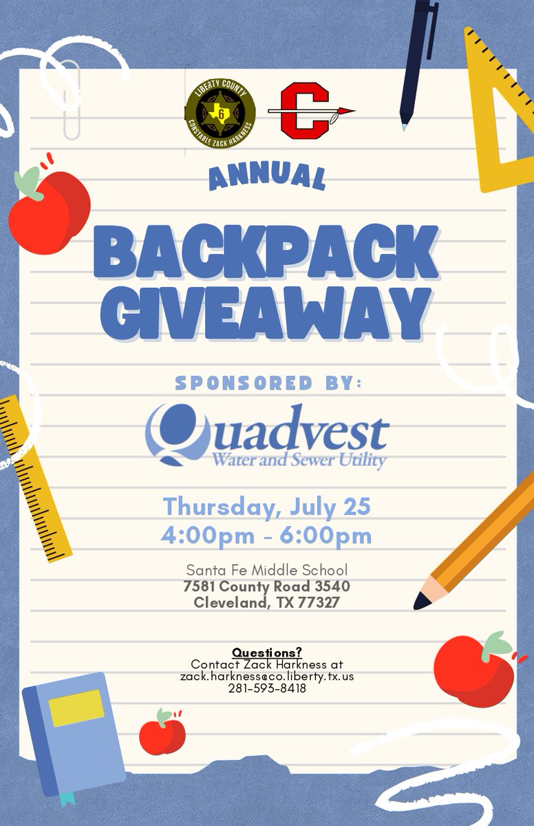 Mark your calendars for Thursday, July 25th! Our friends at the Precinct 6 Constable's office are holding a #BackpackGiveaway from 4-6PM at Santa Fe Middle School! #theClevelandISDway