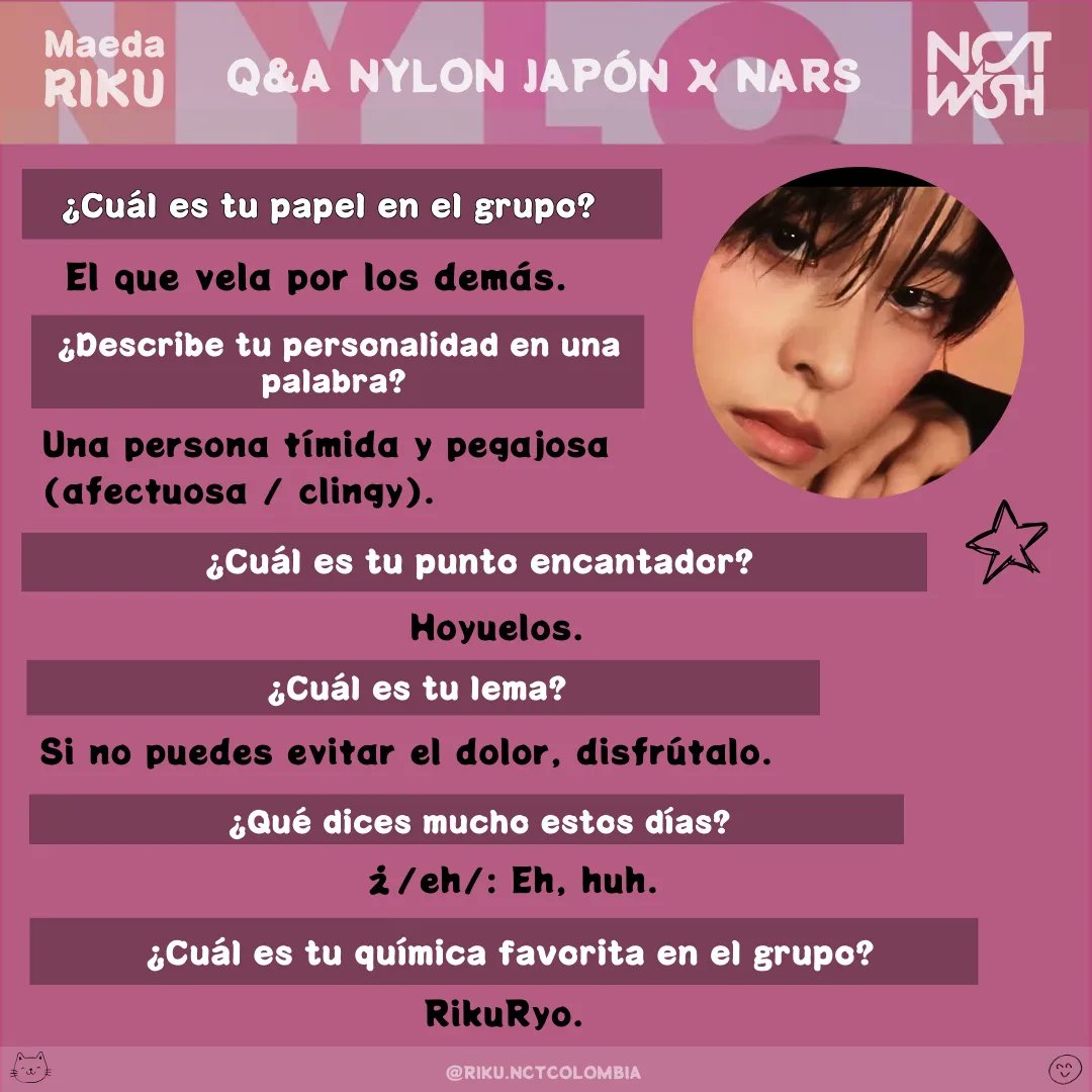 RikuNCTCol's tweet image. |NCT WISH X NYLON JAPÓN| #RIKU 🐈‍⬛

Preguntas y respuestas para la edición de Julio 2024 de Nylon Japón x la marca de maquillaje Nars

Cr. Trad. Eng. @/kiminowish
________________________
#리쿠 #RIKU #リク #시온 #엔시티위시 #NCTWISH #NylonJapan #Nars #NCT