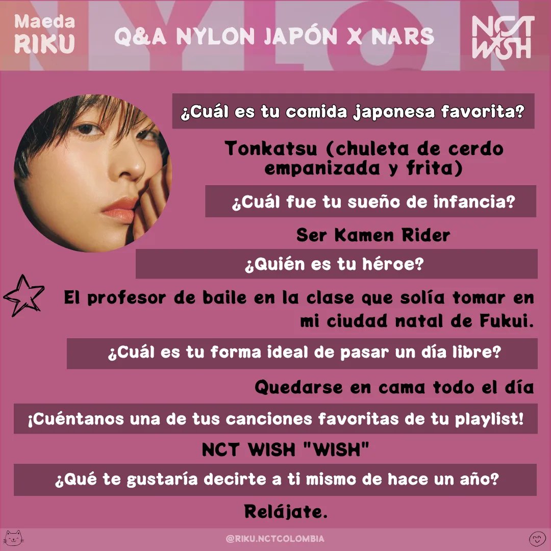 RikuNCTCol's tweet image. |NCT WISH X NYLON JAPÓN| #RIKU 🐈‍⬛

Preguntas y respuestas para la edición de Julio 2024 de Nylon Japón x la marca de maquillaje Nars

Cr. Trad. Eng. @/kiminowish
________________________
#리쿠 #RIKU #リク #시온 #엔시티위시 #NCTWISH #NylonJapan #Nars #NCT