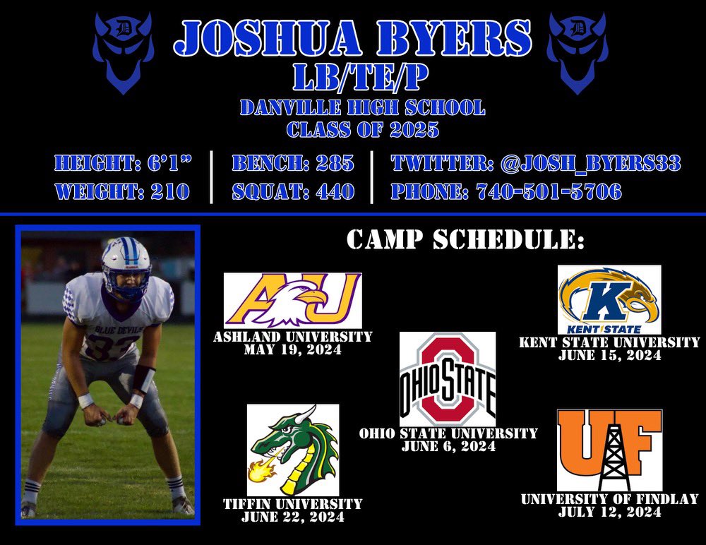 Excited to attend <a href="/TUDragonFB/">Tiffin University Football</a> camp and the University of Findlays camp within the next couple of weeks!