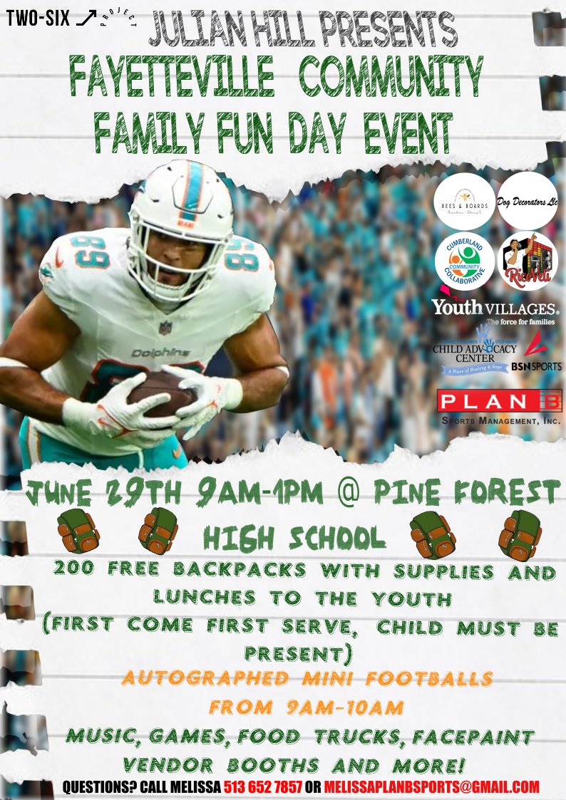 🏈 Join us for a community event with Julian Hill, NFL player for the Miami Dolphins and PFHS alumnus! 

🏢 Pine Forest High
🗓️ Saturday, June 29, from 9:00 a.m. to 1:00 p.m.

Free backpacks with school supplies and lunch will be provided for children (children must be present).