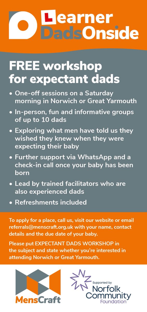 Learner Dads: FREE Saturday morning workshops for dads-to-be in #norwich &amp; #greatyarmouth starting next month.

Covering what #dads have told us they wish they knew when they were preparing to become a #parent.

Contact referrals@menscraft.org.uk or call 0800 208 8382 to book.