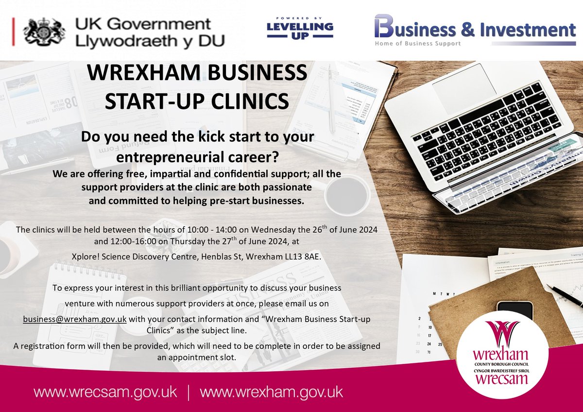 Business and Investment - Wrexham Council (@wxmbizsupport) on Twitter photo Do you have big business aspirations? Do you want to start a entrepreneurial journey? Are you unsure where to start?
Speak with our business and investment team and outside stakeholders in a private face-to-face appointment
Contact us business@wrexham.gov.uk Do you have big business aspirations? Do you want to start a entrepreneurial journey? Are you unsure where to start?
Speak with our business and investment team and outside stakeholders in a private face-to-face appointment
Contact us business@wrexham.gov.uk