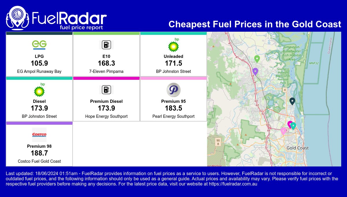 fuelradar's tweet photo. Cheapest fuel prices in the #GoldCoast (18/06/2024)

Find the best fuel price now on https://t.co/IrAx4fL7RV

#FuelPrice #cheappetrol #petrol #savemoney #costofliving #pricerising #gasprices #local https://t.co/7ffRGJcoIE