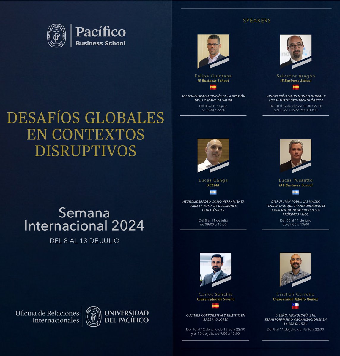✈️🌍 ¡Únete a la #SemanaInternacionalPBS: "Desafíos globales en contextos disruptivos"!
Del 8 al 13 de julio, nuestros alumnos tendrán conferencias y seminarios con expertos internacionales para una formación global y multidisciplinaria.
🔗Info aquí 👉 ori.up.edu.pe/semana-interna…