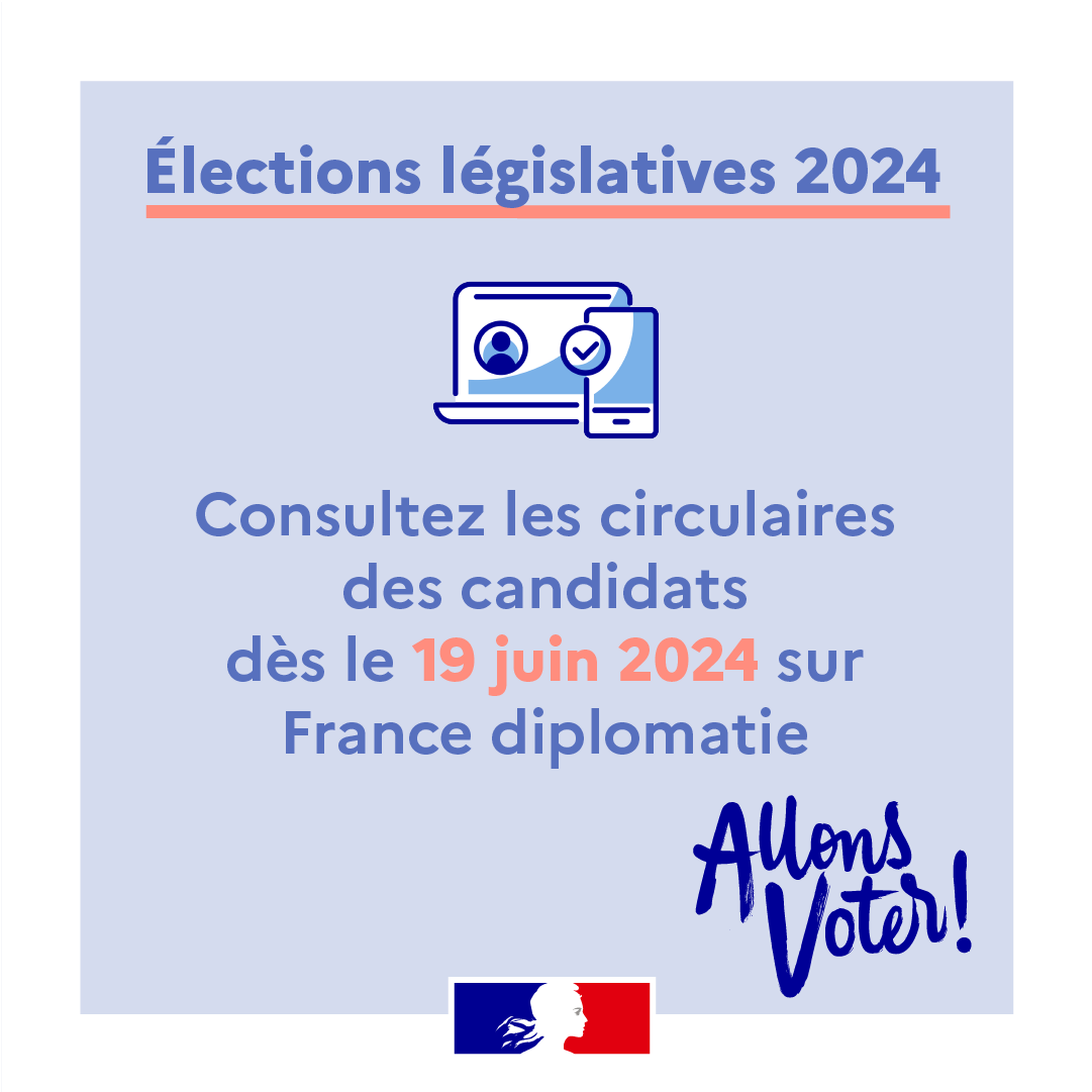 FR_Consulaire's tweet photo. 🗳 #Législatives2024
Les candidats pour les 1️⃣1️⃣ circonscriptions des 🇫🇷 à l'étranger ont déposé leur candidature.
Retrouvez les versions électroniques de leurs circulaires à compter du mercredi 1️⃣9️⃣ juin sur le site France Diplomatie. https://t.co/7r7r5iduuu