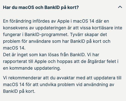 robert_buren's tweet photo. Hur kan @BankID_SE komma undan med att skylla på Apple för att deras produkt inte fungerar, ända sedan macOS 14 släpptes, september 2023??

Även: vilken bank ska jag byta till nu när jag lämnar @SEBGroup eftersom jag inte kan använda deras tjänst utan BankID på kort..? #argkund https://t.co/MxXpq1ksBp