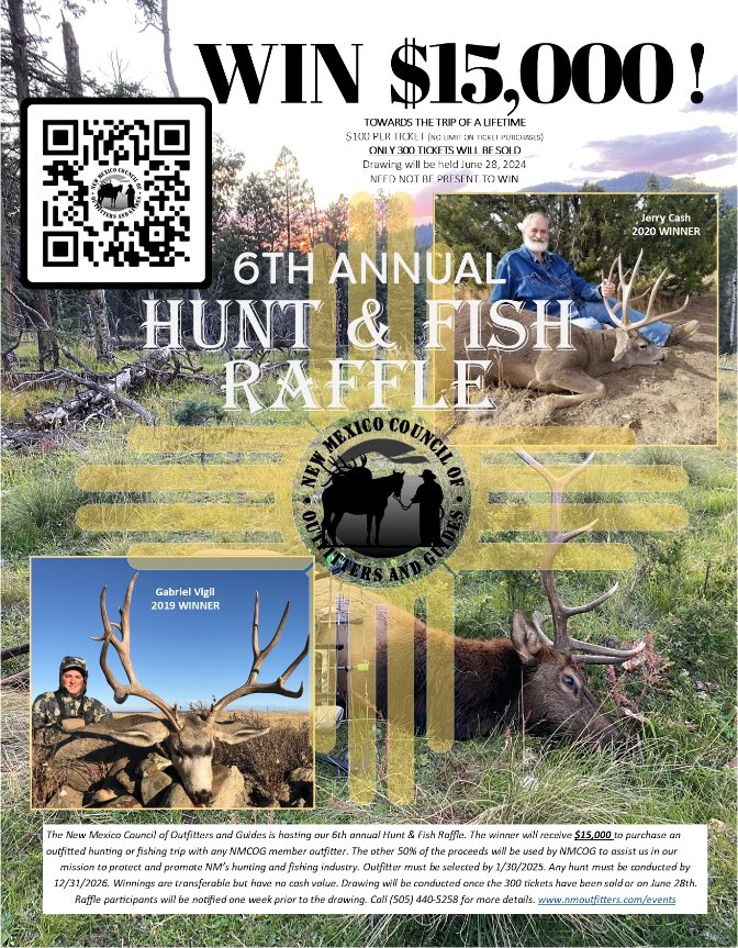 NMCoucilOG's tweet photo. Last chance to participate in the 2024 NMCOG Hunt &amp; Fish Raffle! 43 tickets remain. We will draw the winner next week! https://t.co/7YAQNSJ7gJ https://t.co/FK44ziuz8e