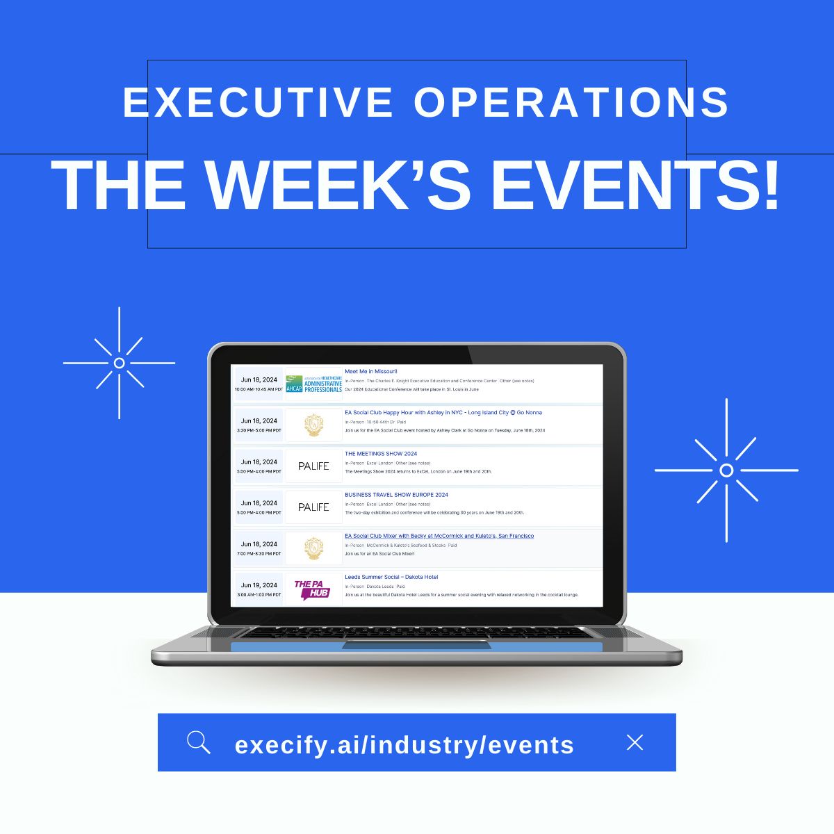 ExecifyApp's tweet image. 📣 Twenty-Eight more events have been added to the Executive Operation Industry Events Calendar! Visit to see this week&apos;s events. #ExecutiveAssistants #ExecutiveSupport #ExecOps

📆 ALL EVENTS: buff.ly/3VvChJV