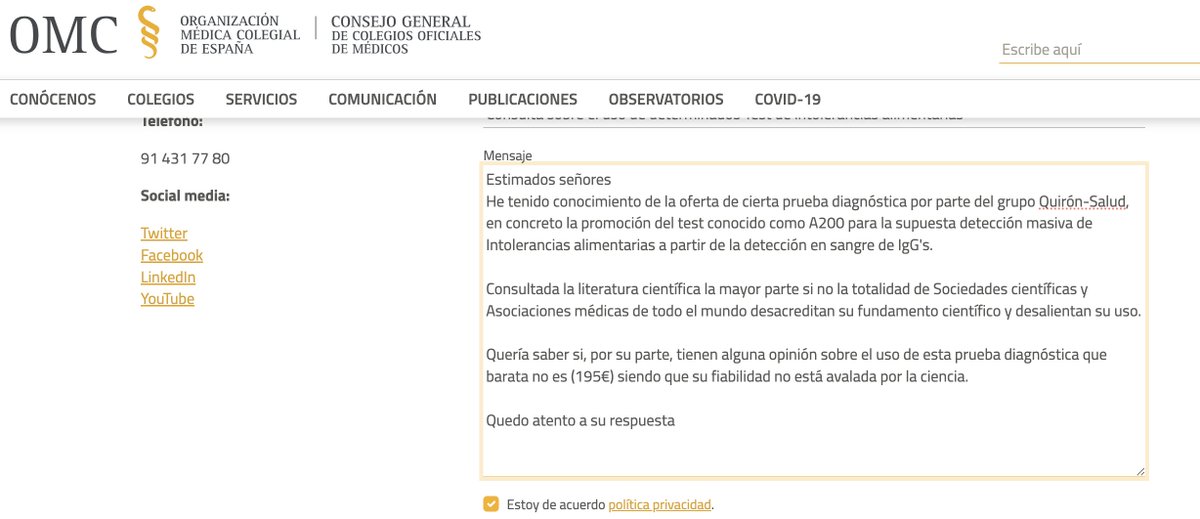 juan_revenga's tweet photo. Vista la NO respuesta a través de RRSS por parte de @quironsalud, he dirigido un escrito formal a esta institución al respecto de la propuesta que hacen de un test de detección de intolerancias alimentarias sin respaldo científico
También he solicitado el parecer del @CGCOM_Esp https://t.co/wqLYLAItQF