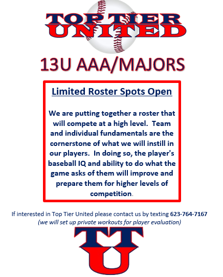 derrin_ebert's tweet photo. Based in the West Valley but open to players from around the valley, Top Tier United is not a Organization with multiple teams build for profit, it is one team that will be coached by current and former MLB player and coach.   If you are interested contact/text us @ 623-764-7167 https://t.co/LX2mYlUAKV