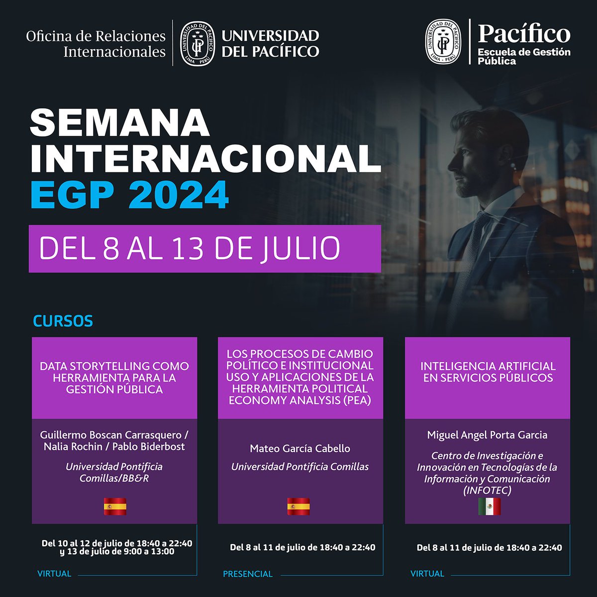 ✈️🌍¡Expande tus conocimientos con la #SemanaInternacionalEGP!
Del 8 al 13 de julio, nuestros alumnos participarán de conferencias y seminarios diseñados para complementar su formación con una visión global y multidisciplinaria.
🔗 Más info: ori.up.edu.pe/semana-interna…