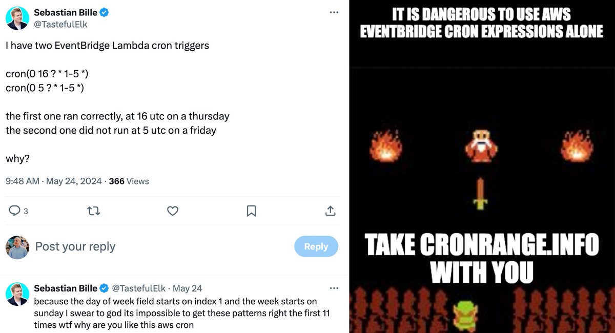 A periodic reminder that AWS' implementation of cron deviates from UNIX cron.

This can turn into a missed execution of your scheduled container task/Lambda function.

That's why I've built cronrange.info which shows up to 100 future executions from a datetime.

#AWS