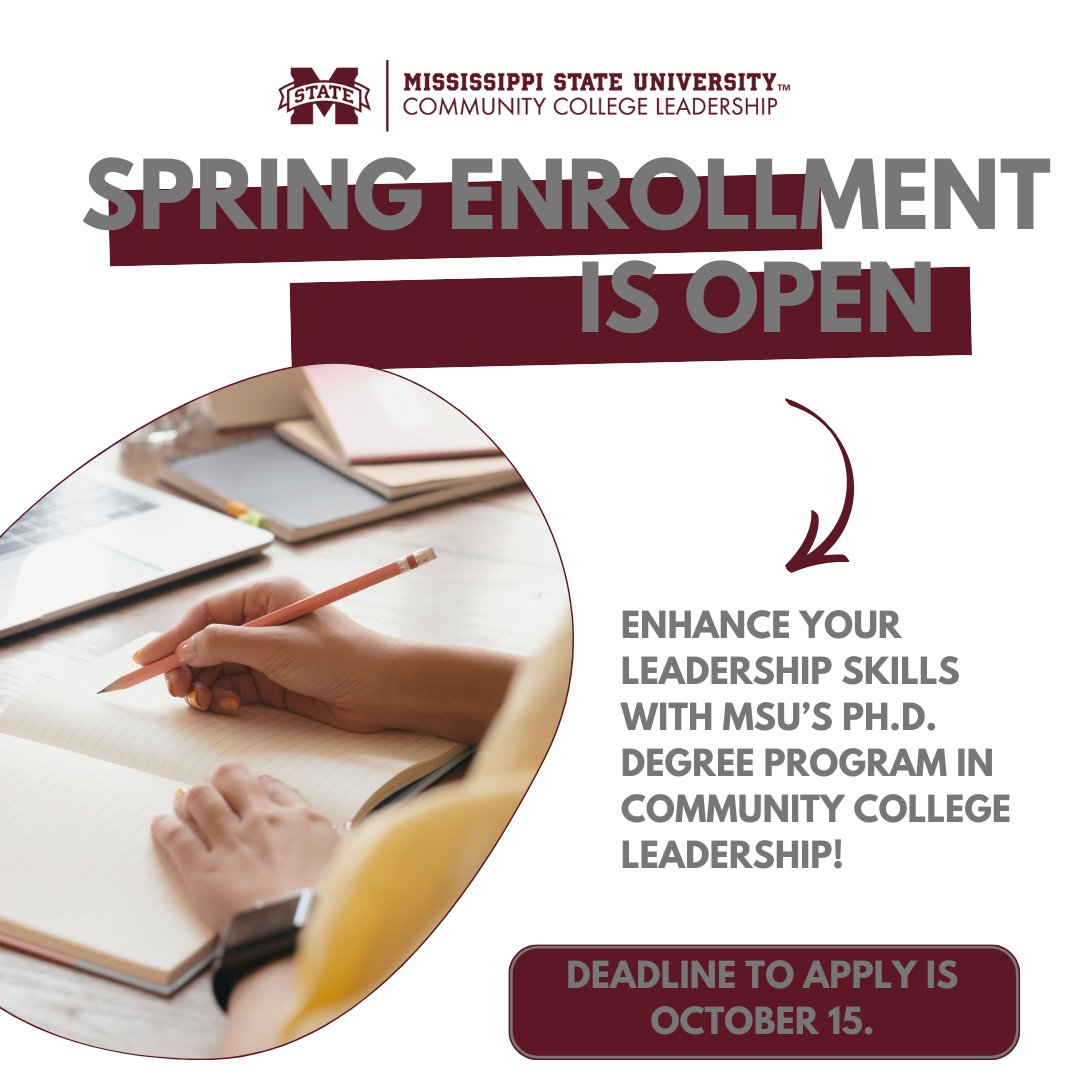MSU Community College Leadership (@ccl_msu) on Twitter photo The @msstateonline 61-credit-hour doctoral program in community college leadership is designed and purposed for community college professionals. #CCLeadership
Apply today! The application deadline for Spring 2025 admission is October 15. <a href="/MSStateGrads/">Mississippi State Graduate School</a>
itidccl.msstate.edu/graduate/commu… The @msstateonline 61-credit-hour doctoral program in community college leadership is designed and purposed for community college professionals. #CCLeadership
Apply today! The application deadline for Spring 2025 admission is October 15. <a href="/MSStateGrads/">Mississippi State Graduate School</a>
itidccl.msstate.edu/graduate/commu…