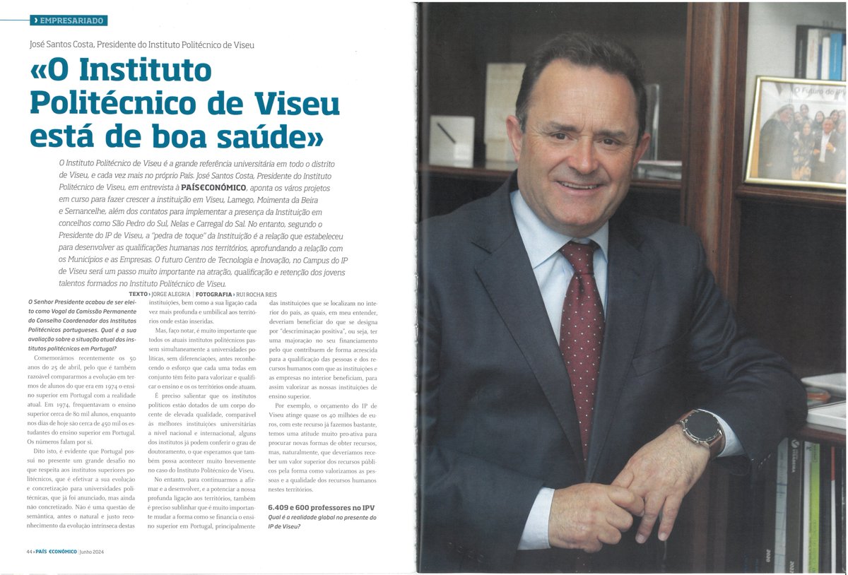 PolitecnicoVis's tweet photo. Entrevista ao Presidente do Instituto Politécnico de Viseu, José Santos Costa, em destaque na edição de junho da Revista País €conómico.
#divulgaçãoipv #IPViseu #sasipv #esev #estgv #estgl #essv #esav #ensinoprofissional #ensinosuperior https://t.co/SKbwcSEFIj