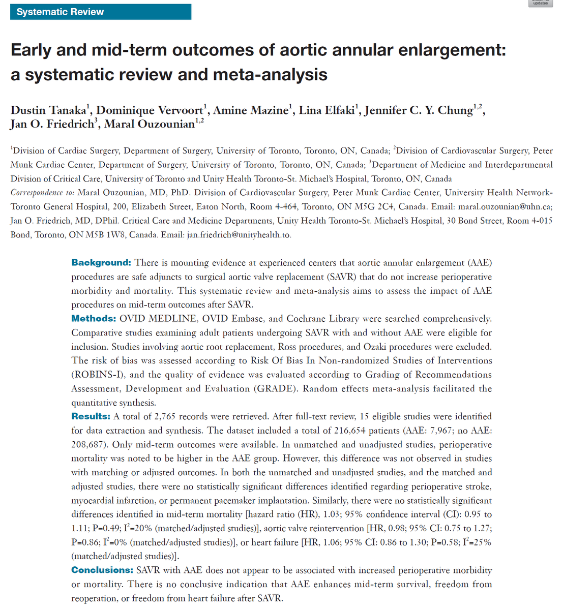 SAVR +/- aortic annular enlargement: 
⭐️Peri-op: no difference in perioperative mortality, stroke, MI, or pacemaker implants
⭐️Mid-term outcomes: no difference in mortality, reintervention, or heart failure.

annalscts.com/article/view/1…